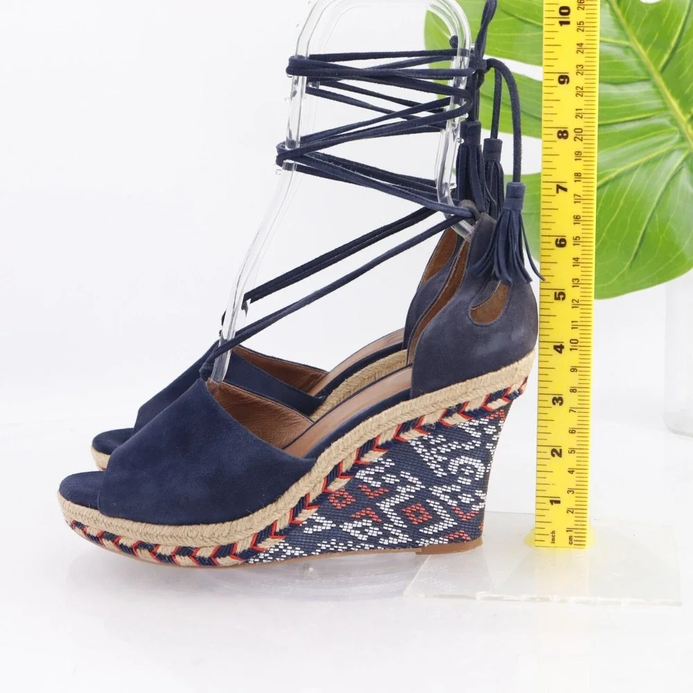CAbi Womens Isla Sandals Size 8 Navy Suede Tie Ankle Wrap Espadrille Wedge Shoes